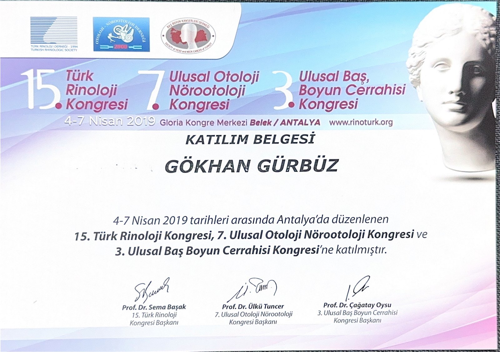 15. Türk Rinoloji Kongresi certificate