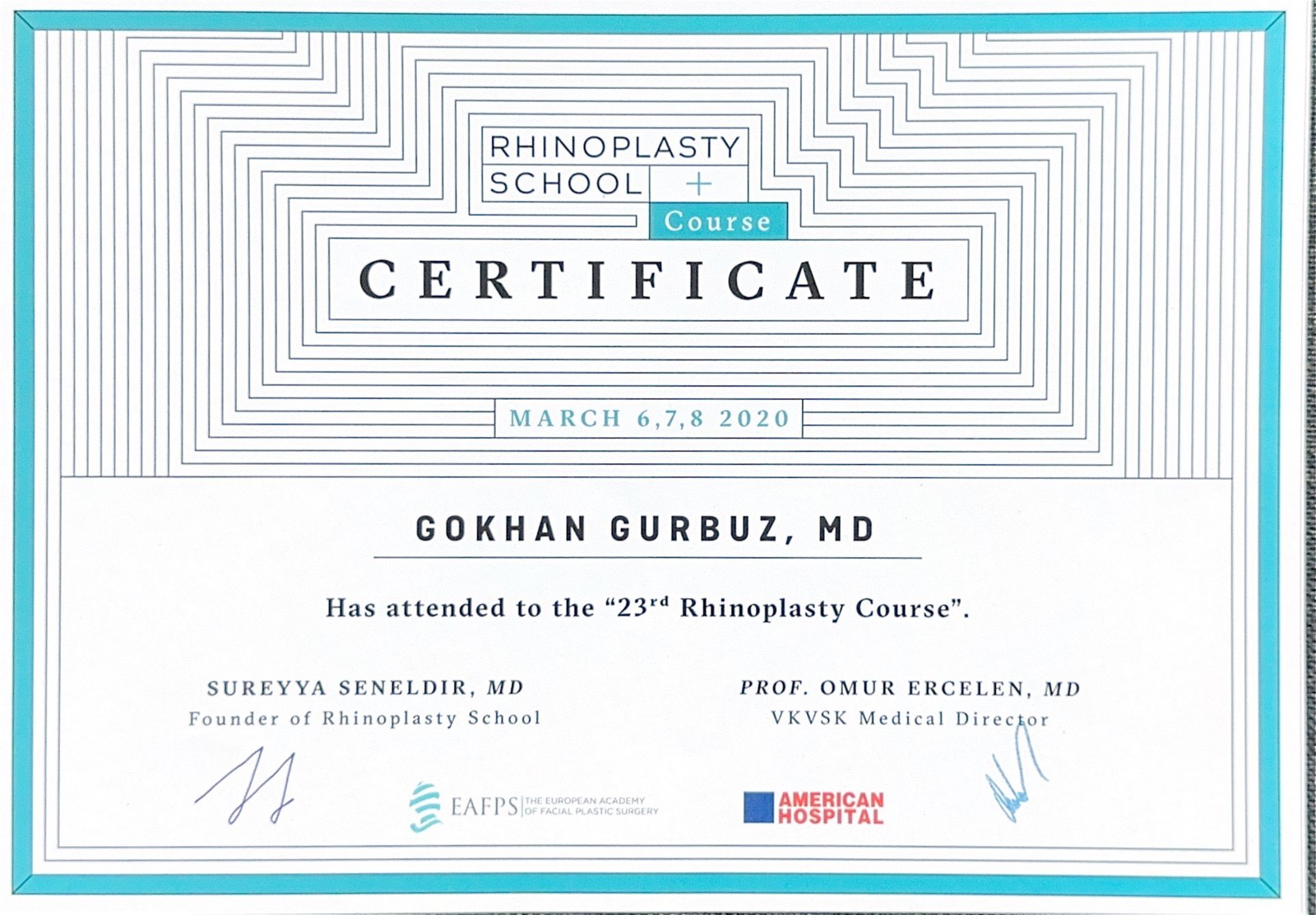 23. Rhinoplasty School Course certificate