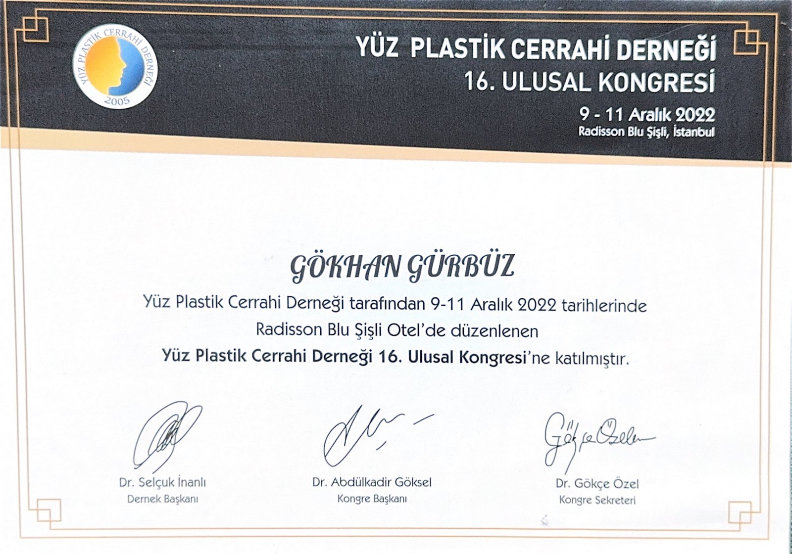 Yüz Plastik Cerrahi Derneği 16. Kongresi certificate