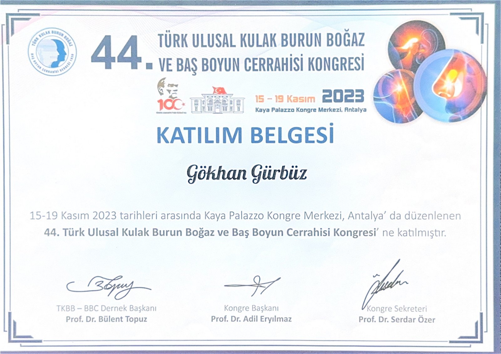 44. Türk Ulusal KBB Kongresi certificate