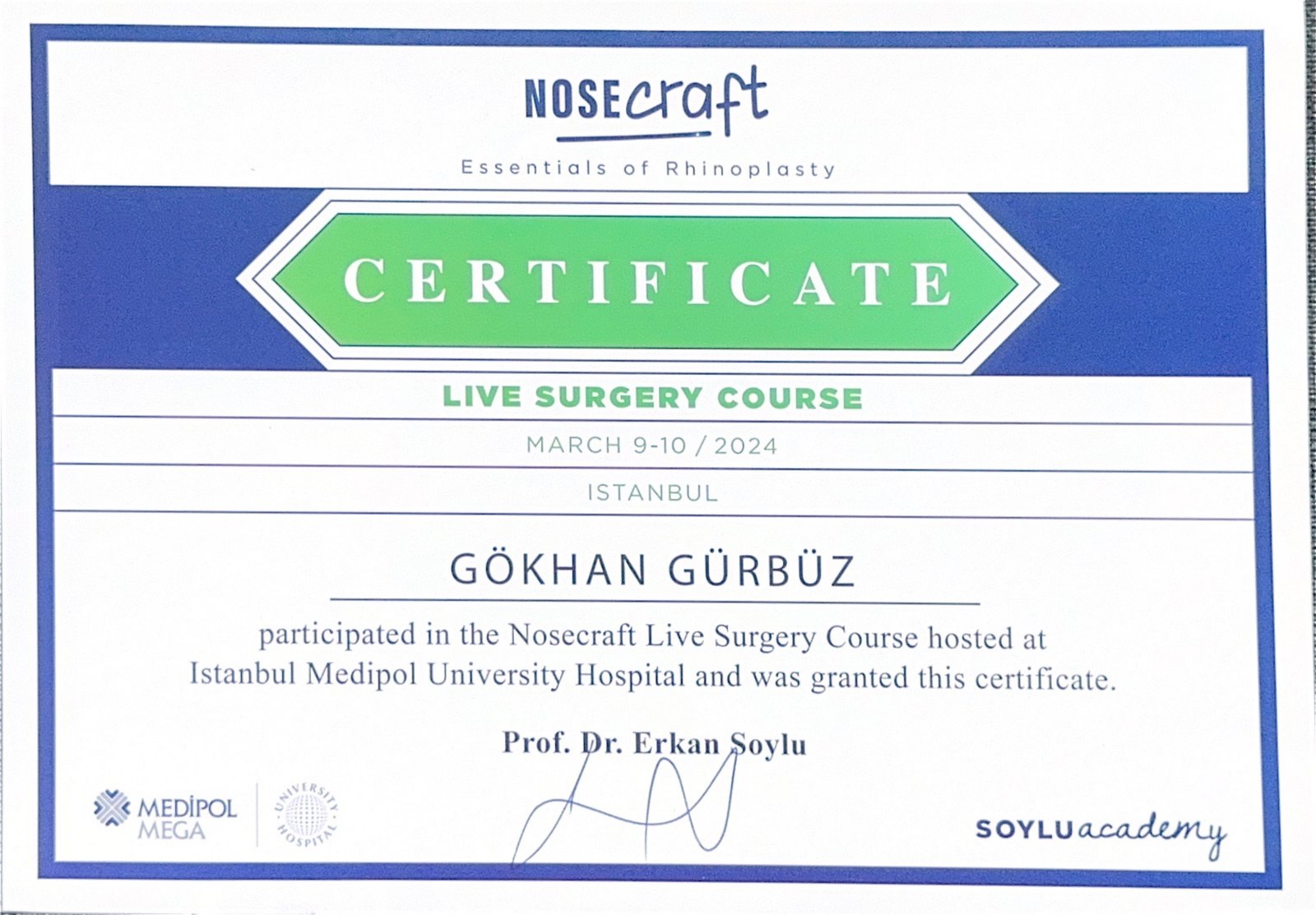 Nosecraft Live Surgery Course certificate