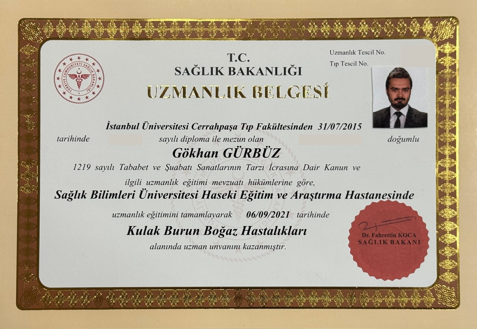Kulak Burun Boğaz Uzmanlık Belgesi certificate